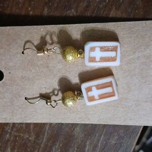 Gold and White Cross Earrings